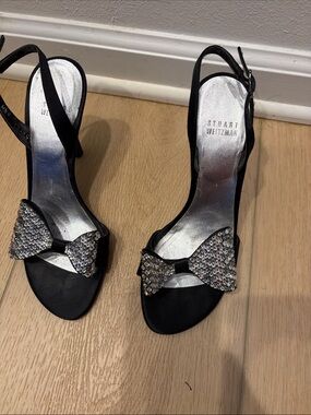 Stuart Weitzman Black Crystal Bow Slingback Sandals